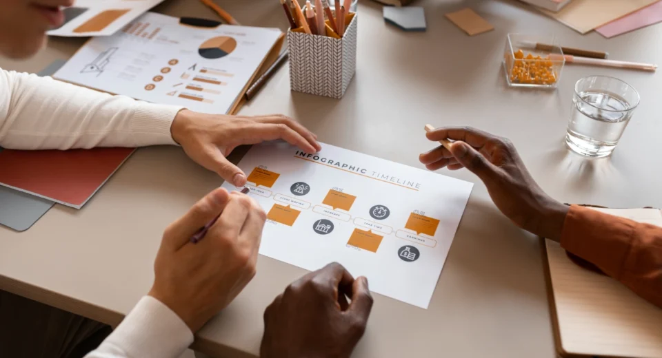 Duas pessoas analisando um infográfico de estratégias de vendas com cronograma visual em uma mesa de trabalho.