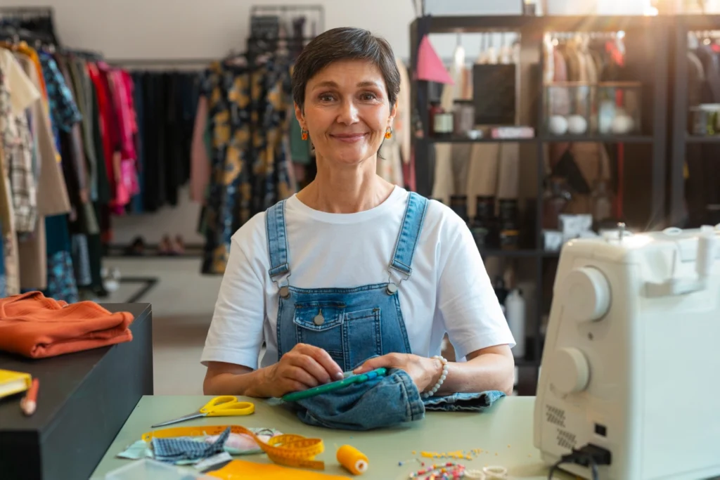 Mulher consertando peças de moda, exemplificando como o empreendedorismo com pouco dinheiro pode envolver negócios manuais.